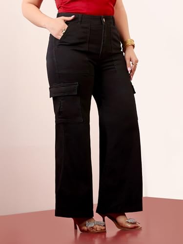 Image of Miss Chase A+ Women's Wide-Leg High-Rise Regular-Length Stretchable Cargo Denim Jeans