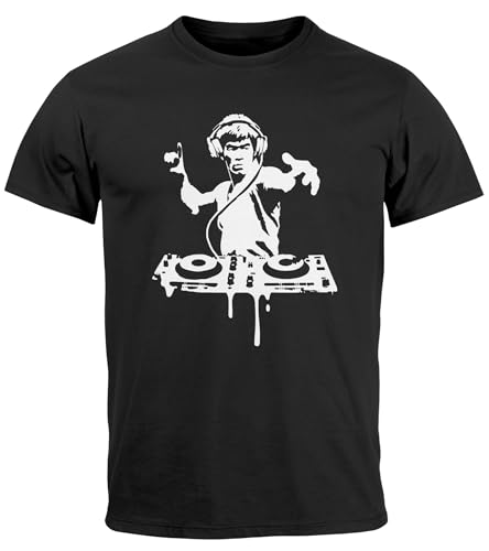 Neverless® Camiseta para hombre, diseño de perezoso Techno DJ, diseño de música rave, festival, concierto, camiseta moderna, Bruce Lee Dj Negro, XXXL