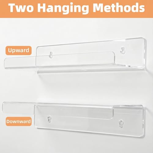 Image of Clear Acrylic Floating Shelves, No Drill Wall Shelves, 2 Pack | Clear Acrylic Design; 2 Pack Wall Shelves; Adhesive or Screw Mount; No Drill Option; 12 lb Max Load