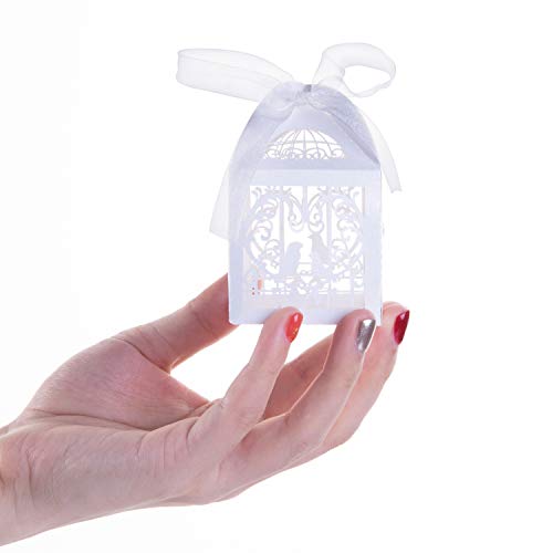 Gospire 50pcs Deluxe Party Wedding Favor Super Gift Laser Cut Pearl Paper Ribbon Candy Boxes Gift Box Bombonera Classical Bird Style (White) - Thumbnail 2