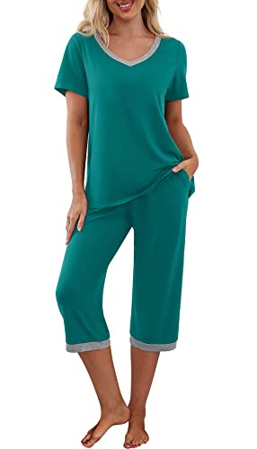 PrinStory Pyjamas pour Femme à Manches Courtes avec Col en V - Ensemble T-shirt et Pantalon de Pyjama avec Poches, L