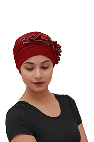 SAKUCHI Chemo Rüschenkappe für Krebs Haarausfall Frauen seidig weich Bambus Kopfbedeckung, Rayon (rote Rose) Mittel Cover