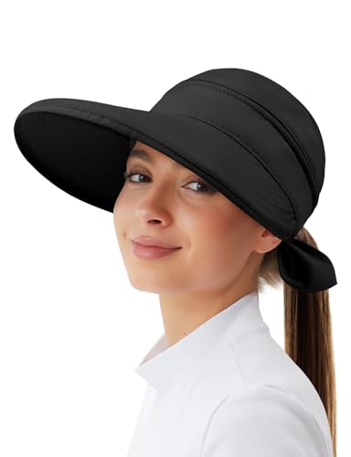 Kiiwah Chapeau de Soleil Femme Été, 2 en 1 Casquette Visiere Anti UV Capeline Large Bord Pliable pour Plage Voyage Randonnée Camping (Noir)