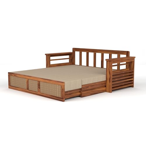 Image of Mamta Furniture Sheesham Wood Sofa Cum Bed with Storage Rattan Cane Design Wooden Sofa Set for Living Room Bedroom 3 Seater Convertible Sofa Bed in Honey Finish
