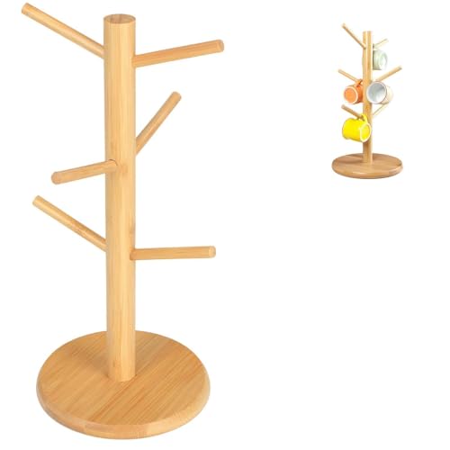 LIUQOBN (Height 34cm) 6 Cup Wooden Mug Tree,Mug Holder for Coffee & Tea Cups,Multi-Function Storage Rack with Anti-Slip Weighted Base for Coffee Tea Mugs Cups Jewelry Display