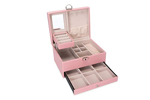 Jewelry Box For Women Medium Jewelry Organizer And storage Travel Case With Mirror (Pink)