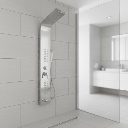 EVOLVE Thermostatic Shower Panel Tower System – 5-in-1 Smart Shower Column with Waterfall & Rainfall Shower Head, 48 Body Jets, Bath Panel – Modern Black Gold LED Shower System for Home Spa