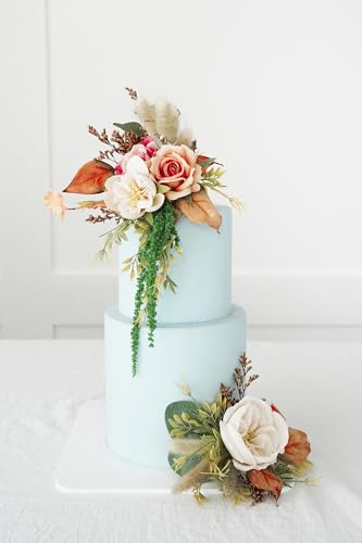 Set de dos toppers para pastel de boda con flores artificiales miniatura 5