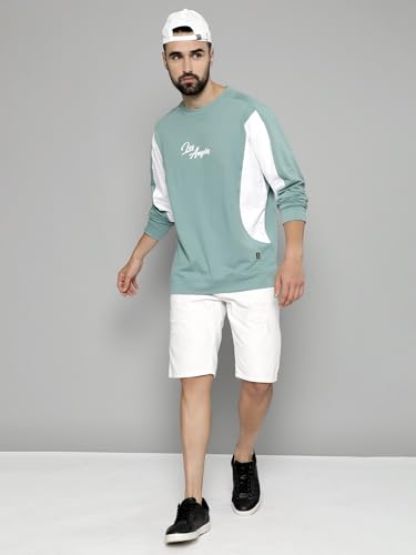 Image of Maniac Mens Printed Cutpanel Round Neck Fullsleeve Berly Green and White Cotton Oversized T-Shirt