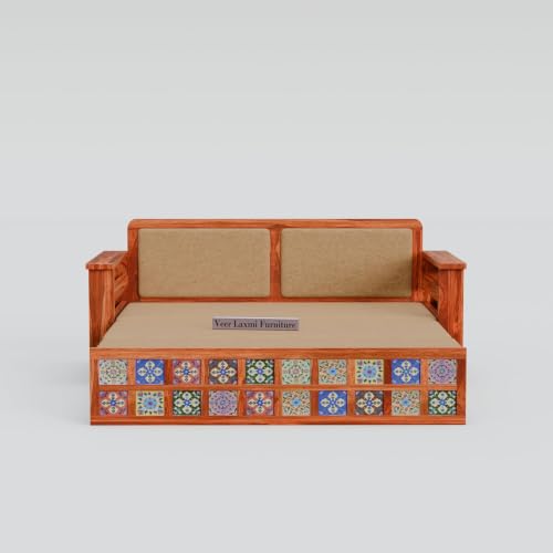 Image of Wooden Sofa Cum Bed for Living Room | Convertible Sofa Bed with Storage | 3 Seater Foldable Sleeper Sofa | Solid Wood Pull Out Sofa Bed with Mattress for Home & Guest Room (Honey, Anna)