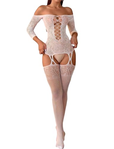 Gatamiau Bodystocking Mujer Sexy Catsuit de Malla Ropa Interior Transparente Mono Elástico Encaje Conjunto de Lencería Fishnet Clubwear Rave Halloween Negro Rojo Blanco (Blanco)