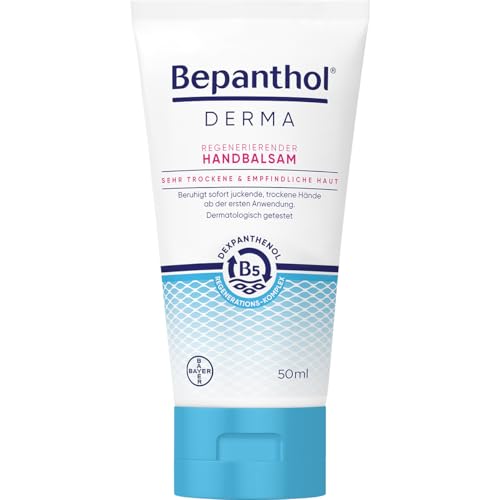 Bepanthol DERMA Regenerierender Handbalsam für die tägliche Pflege, beruhigt sofort juckende, trockene Hände, zieht schnell ein und spendet bis zu 48h Feuchtigkeit. Mit B5-Regenerations-Komplex, 50ml