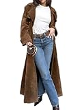 Mywinway Suede Trench Coat Women 2025 Fall Winter Y2k Casual Long Pea Coat Faux Leather Double Breasted Jackets Coats with Belt, Brown,M