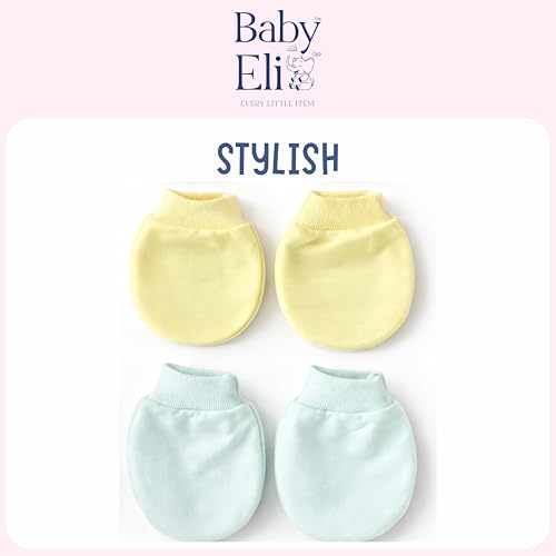 Image of Baby Eli Cotton Newborn Mittens (Picot Wrist) Set of 6 for Baby Boys & Girls 0-6 Months | Soft and Cozy Unisex Infant Gloves | Assorted Baby Hand Gloves | Adjustable Scratch Protection