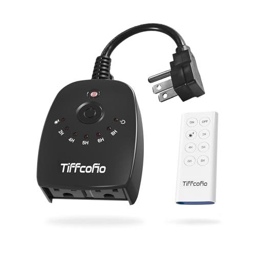 TiFFCOFiO Outdoor Light Timer Waterproof Remote Control Dusk to Dawn Light Sensor Timer 100 FT Range Plug in 2 Grounded Outlets for Home and Garden 15A/1875W ETL Listed