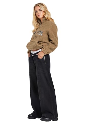 PixieGirl Petite Beige Brown Slogan Half Zip Teddy Fleece Petite