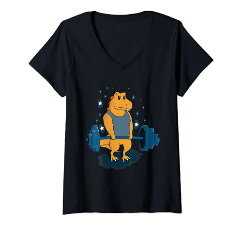 Femme Gym Dinosaur Weightlifting tee Shirt-Fitness Dino activity T-Shirt avec Col en V