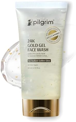 Pilgrim 24K Gold Gel Face Wash with 3% Lactic Acid & Korean White Lotus | Gentle Daily Cleanser for Smooth, Radiant-Looking Skin | All Skin Types | 2.71 Fl Oz (80ml)