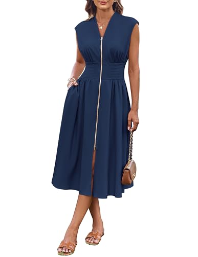 Image of GRACE KARIN Womens Summer Casual Dress, Business Office Work Dresses, Cap Sleeve Zipper Front Flowy Midi Dress with Pockets