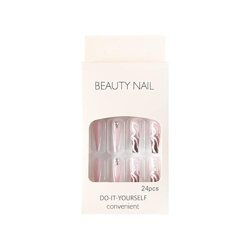 Diduikalor 24Pcs Long Coffin Press On Nails, French Tip Artificial False Nails With Glue, Nude And French White Silver Thin Sparkle With Diamonds Fake Nails, Medium Acrylic Stick On Nails For Women #TOP4