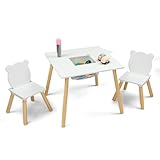 Bonnlo Toddlers Table and 2 Chairs Set, Toddler Activity Table with Removable Tabletop, Storage Space and Bear Backrest Chairs, 60x60x48 cm, Ideal for Learning, Drawing & Eating (Ages 2-6 Years)