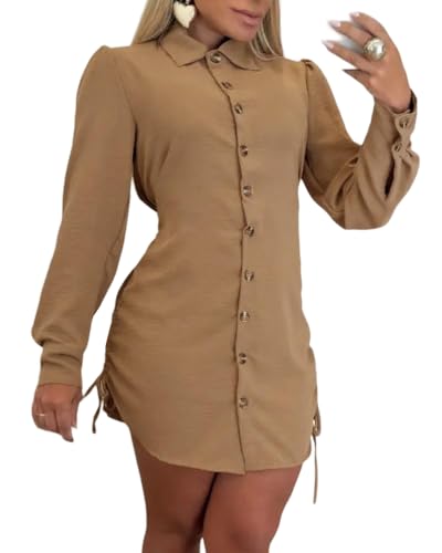 CHICME Women Shirt Dress Long Sleeve Button Down Blouses Side