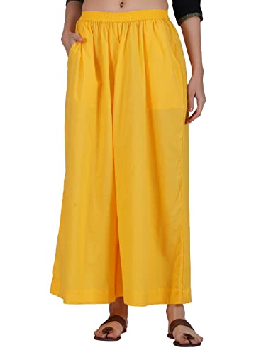 Image of fabcoast Loose Fit Palazzo Pants for Women A-Line Flared Wide Leg Summer Ethnic wear Pure Cotton Cambric with Full Elastic Waistband and 2 Side Pockets