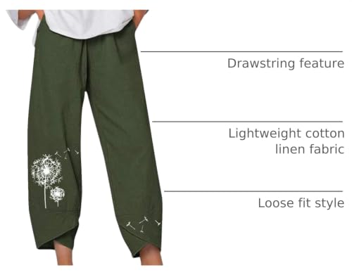 Image of Cotton Linen Capri Pants for Women 2025 Casual Printed Cropped Palazzo Pants Elastic Waist Lounge Baggy Trousers