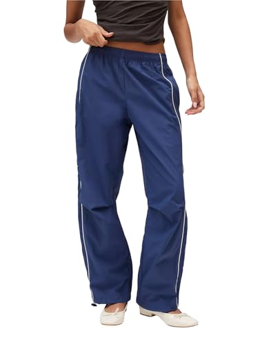 Hooever Women Parachute Pants Baggy Y2K Track Pants Elastic Waist Wide Leg Trousers Jogger Sweatpants
