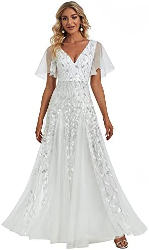 Ever-Pretty Women's A-line Short Sleeve V-Neck Applqiues Long Wedding Guest Dress White US14