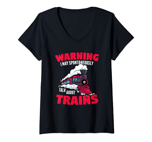 Womens Gift for Railfans- May Start Talking About Locomotive Trains V-Neck T-Shirt, Black