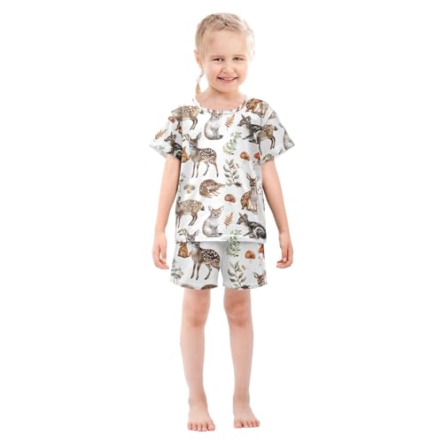 ALAZA Watercolor Deer Mushroom Mouse Pajamas Set Short Sleeve Cotton Sleepwear Summer Pjs 2 Piece 5-14Y3