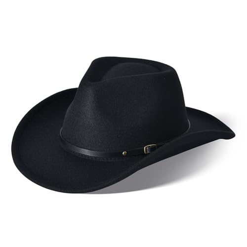 Image of Willheoy Classic Western Cowboy Hat Cowgirl Hat Unisex Men's & Women's Wide Brim Felt Fedora Hat Flat Top Hat with Buckle Belt, 7 1 /4-7 1 /2, Black 2#