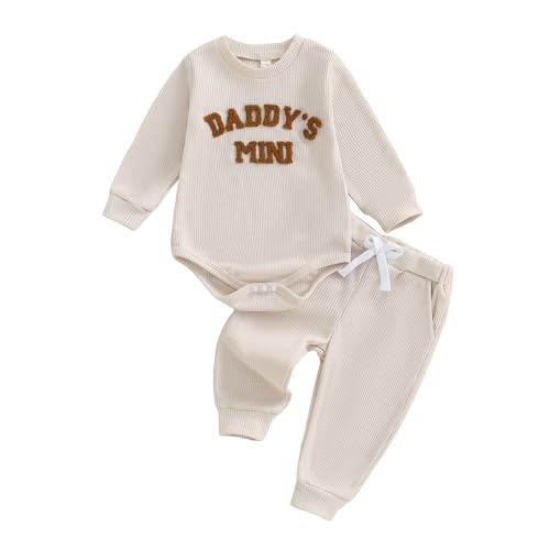 Image of Kupretty Baby Boy Clothes 3 6 12 18 Months Fall Winter Outfit Mama's Boy Embroidery Waffle Long Sleeve Romper Pants Set