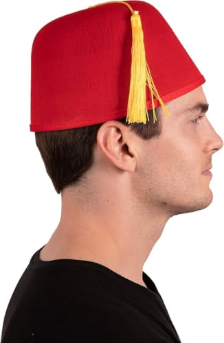 Kangaroo Red Fez Hat for Men With Gold Tassel – Arabian Moroccan Bellhop Ottoman Turkish Hat – Halloween Cosplay Dress Up Apparel