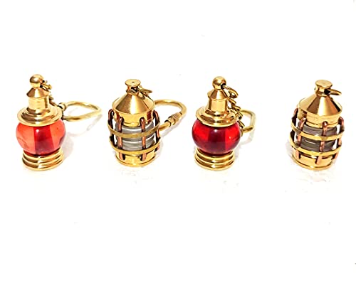 Juego de 4 llaveros de linterna náutica vintage, mini llaveros decorativos de metal rojo y dorado