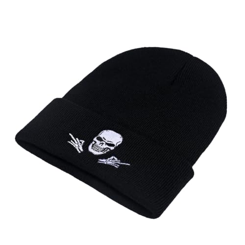 Image of Embroidered Skeleton Beanie Hat Winter Stretch Knit Skull Cap for Men Women