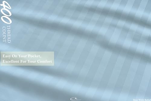 Image of Queen Bedsheet 100% Egyptian Cotton - 400 Thread Count Sheet Set - Includes 1 Flat Sheet & 2 Pillowcases - Durable, Breathable, Luxury Feel, Hotel Style - Sky Blue Striped