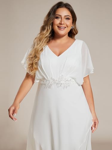 Image of Ever-Pretty Plus Women's V Neck Applique Plus Size Wedding Guest Dress Short Sleeves Maxi Formal Dresses