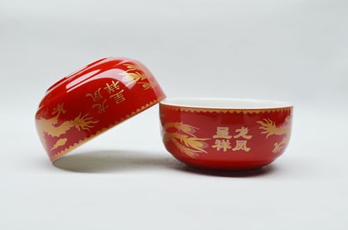 Image of Liang baobao Chinese Wedding Tea Gift 2 Set Bowl Spoon Porcelain Dragon and Phoenix for Adults Men Women Couple Wedding Party (4 /set dragon phoenix double happiness)
