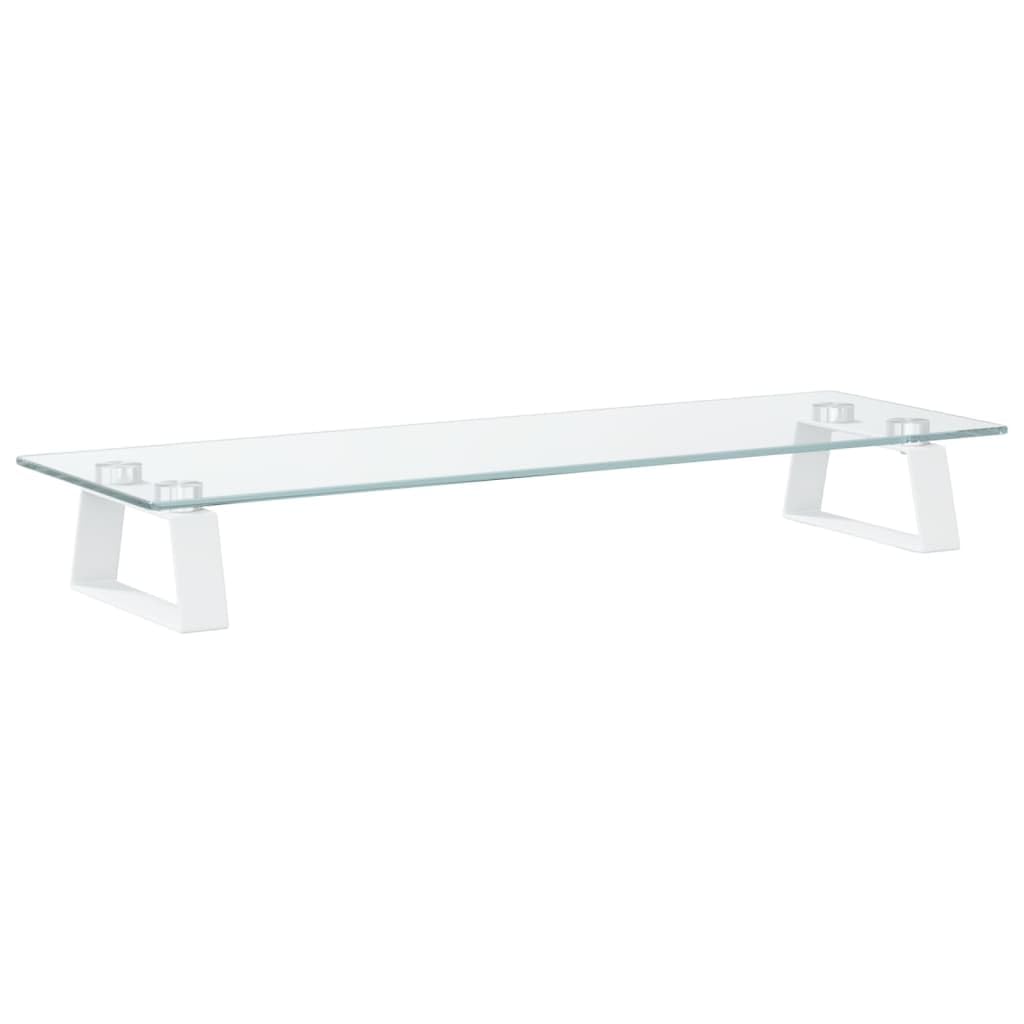 Supporto per monitor bianco, 60 x 20 x 8 cm, in vetro temperato e metallo, rialzo ergonomico per la scrivania, supporto per monitor con vano portaoggetti, spessore vetro 5 mm