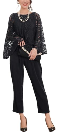 [ZHENGTU] レディース パンツスーツ セットアップ レースブラウス ケープ風 パンツドレス テーパードパンツ パーティードレス 結婚式 披露宴 お呼ばれ (ブラック,XL,XL)