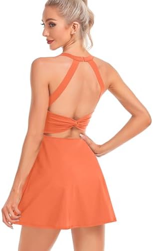 orange workout dress HDE Women Sleeveless Workout Dress, Built-in Shorts, Spicy Orange, Size L