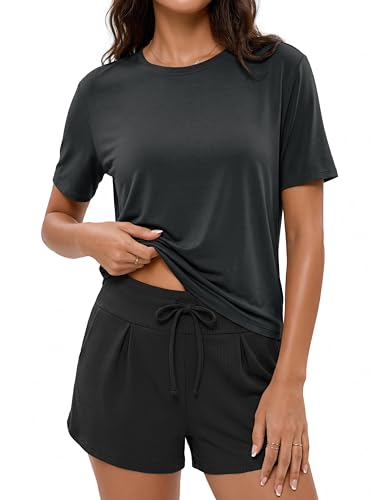 ODODOS Modal Soft Short Sleeve Shirts for Women Crew Neck Yoga Tee Casual Workout Tops Black Medium
