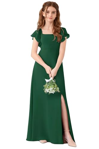 Short Sleeves Junior Bridesmaid Dresses for Girls Formal Party Flower Girl Dress Long with Low Slit Emerald Green 12
