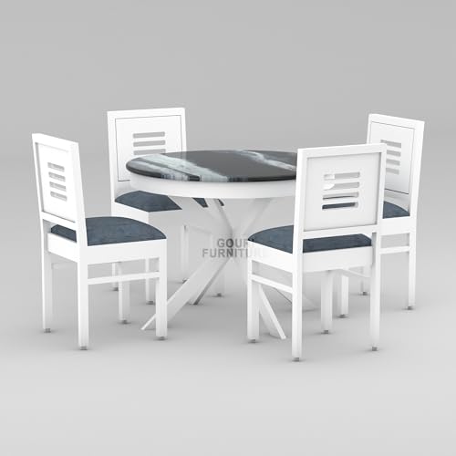 Image of Solid Sheesham Wood 4 Seater Round Dining Table Set with Epoxy Resin Top Finish, Includes 4 Cushioned Chairs, DIY Assembly, White - Ideal for Home, Hotel & Restaurant