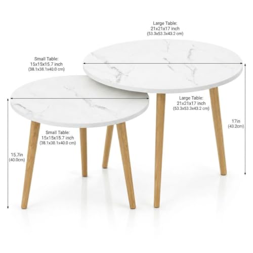 Image of Round Nesting Coffee Table Set of 2, Marble Finish Top, Wooden Legs, for Living Room (Black)