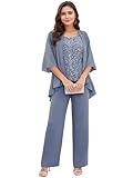 Infuness 3 Teilig Brautmutter Hosenanzug für Hochzeit Pailletten Chiffon Hosenanzug Damen Festlich mit Jacke Große Größen