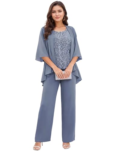 Infuness 3 Teilig Brautmutter Hosenanzug für Hochzeit Pailletten Chiffon Hosenanzug Damen Festlich mit Jacke Große Größen