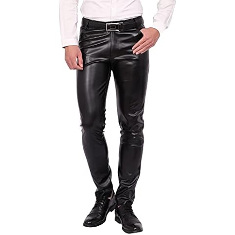 FEOYA Men's Slim Fit Leather Trousers Stretch Elastic Faux PU Pencil Pants Wet Look Straight Leg Trousers for Motocycle Biker Dance Bar Nightclub Stage Show Cosplay Mid Waist Summer Spring Black 35 Cover